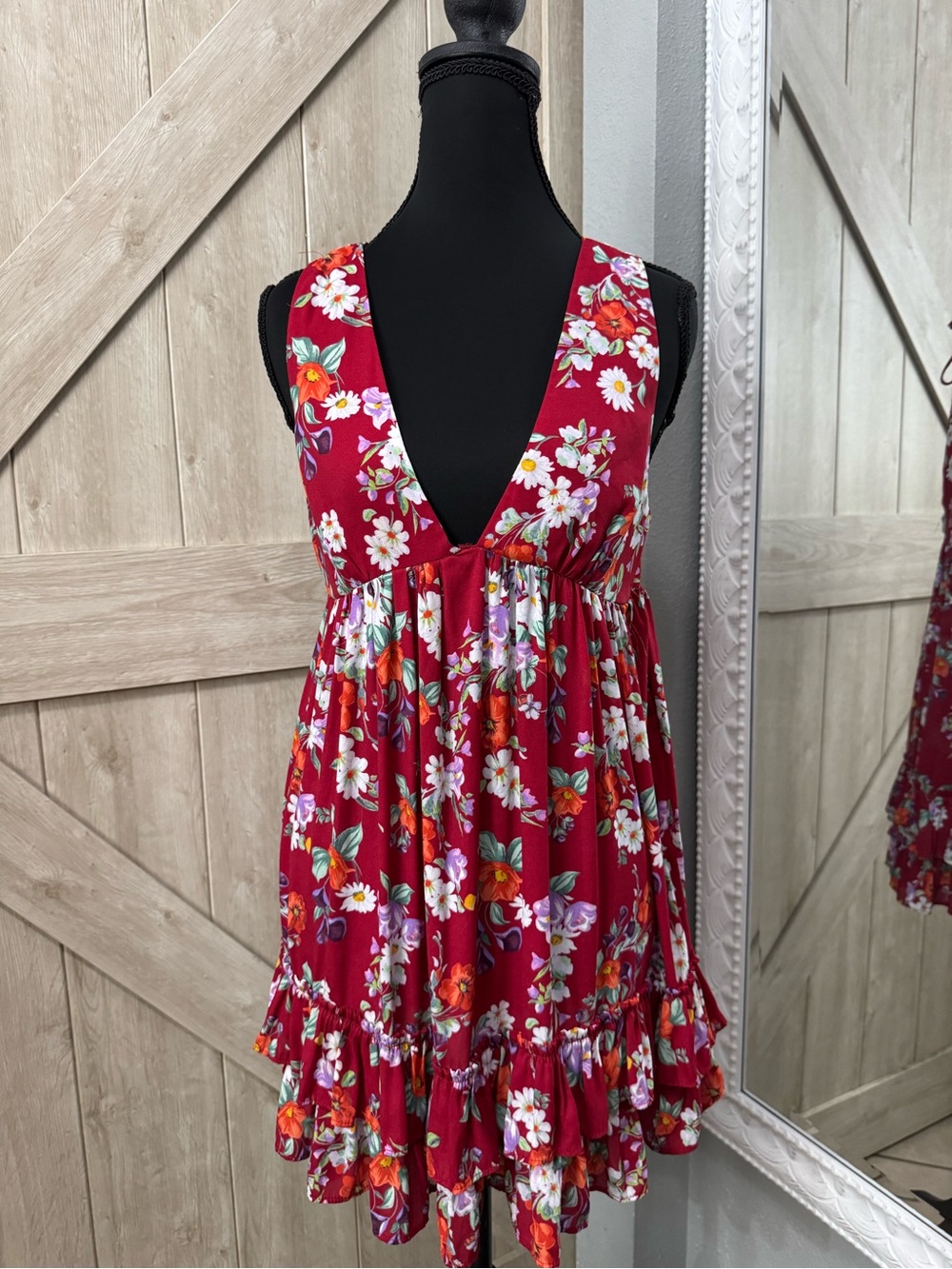 Red Floral V-Neck Ruffled baby doll Mini Dress